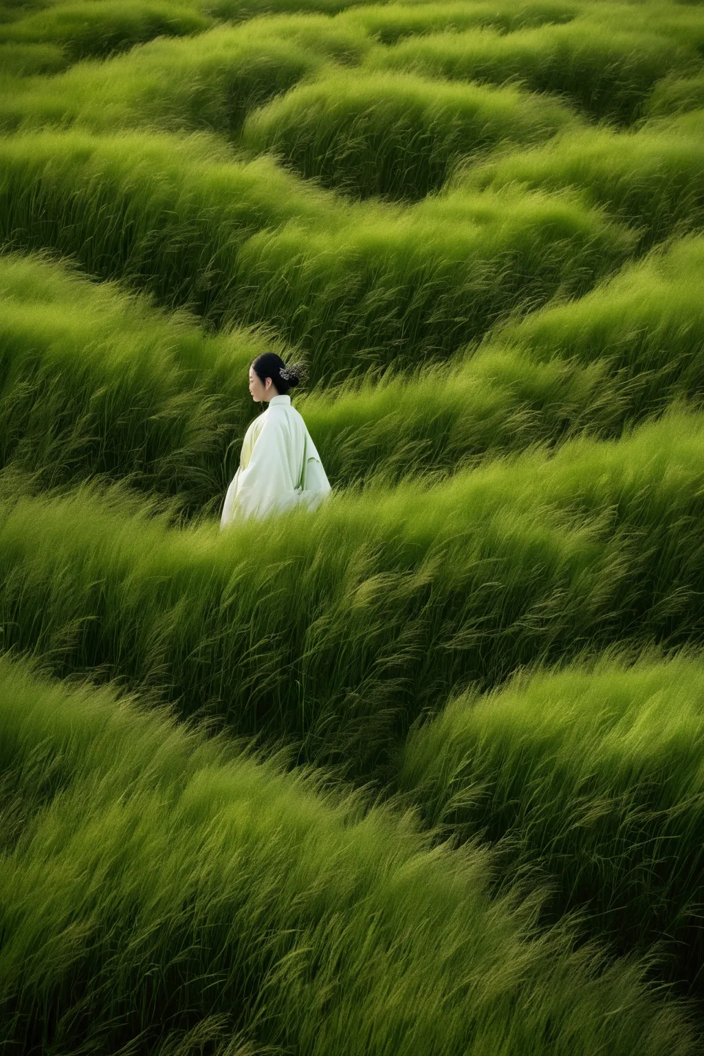 a woman wearing a hanfu is swimming in the long green grass., similar to marcinzobas style., wavy lines,  signs of trouble，motio...