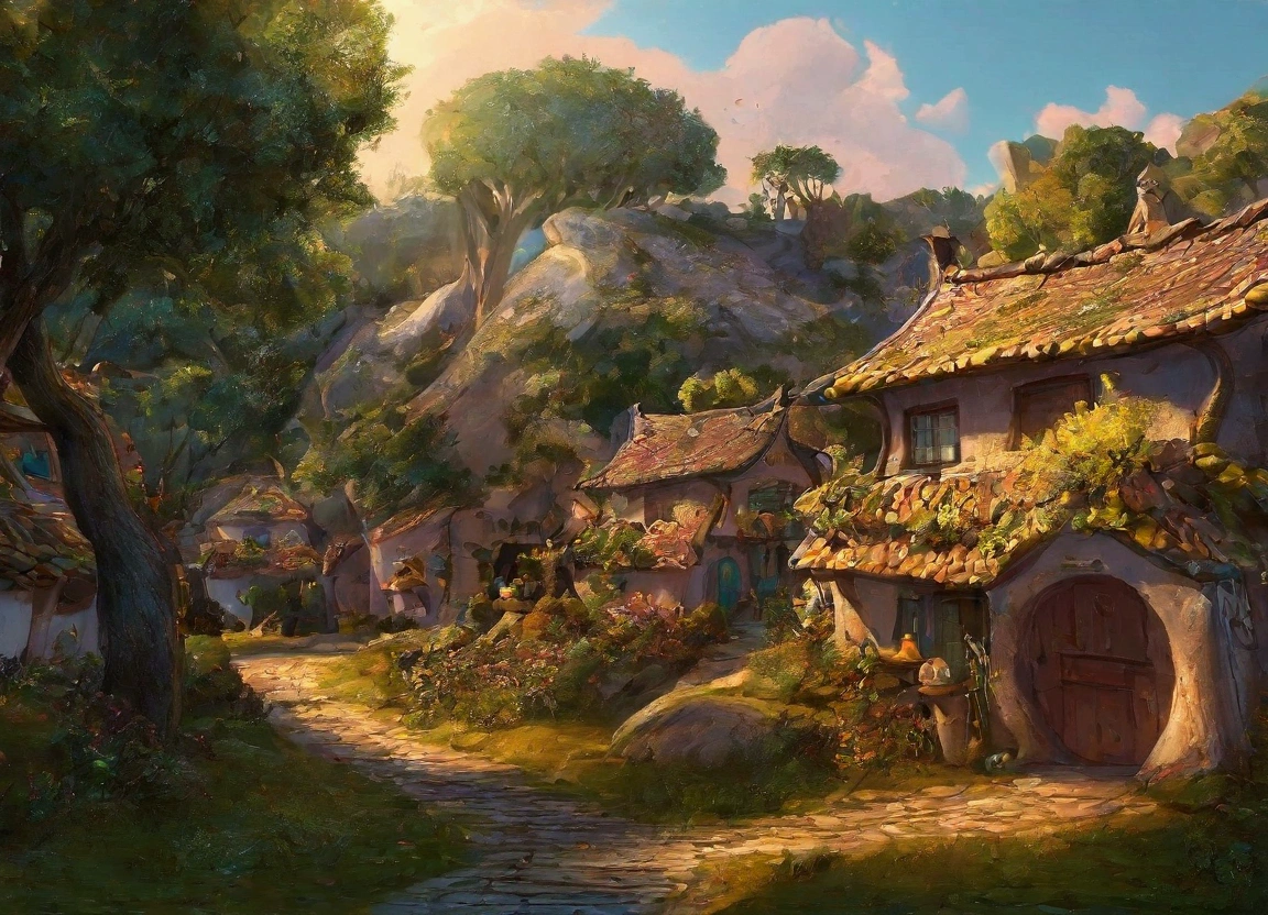 a close-up of a cartoon village with a path between several houses in a village in the Enchanted Forest, beautiful rendering of a fairy tale, Magic Village, medeival Fantasy City, sunlight and extravagant houses, Stylized 3D rendering, a bustling magical village, Fantasy City setting, Village in the forest, Stylized 3D rendering, Fantasy Village, stylized concept art, dark fantasy painting，cute