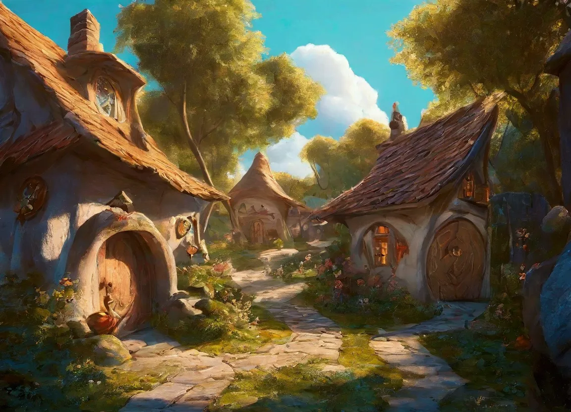 a close-up of a cartoon village with a path between several houses in a village in the Enchanted Forest, beautiful rendering of ...