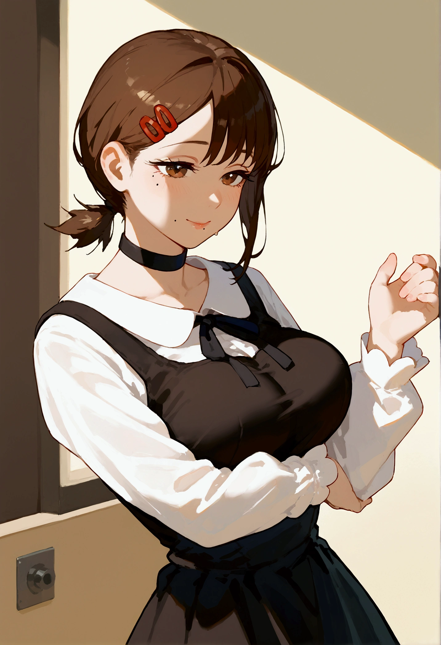 score_9, score_8_up, score_7_up, score_6_up,score_5_up,score_4_up, BREAK ,big breasts, 1girl, solo, kobenicasual, mole under eye, mole under mouth, single sidelock, short ponytail, hairclip, brown hair, brown eyes, black dress, pinafore dress, sleeveless dress, white shirt, black ribbon, neck ribbon, long sleeves, black choker, 