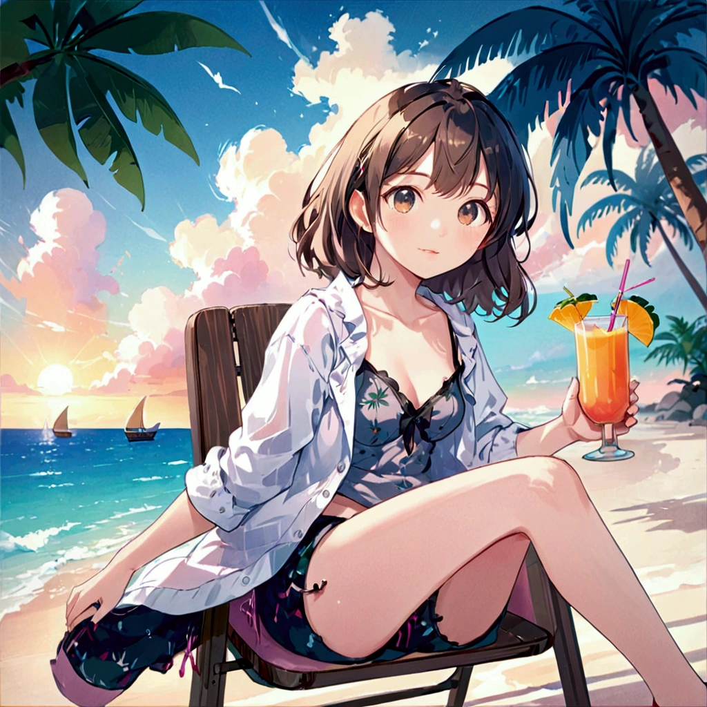 blue sky，Baiyun，Ocean，Tropical Juice,vacation,Girl,An illustration,Sitting on a chair, front view,anime