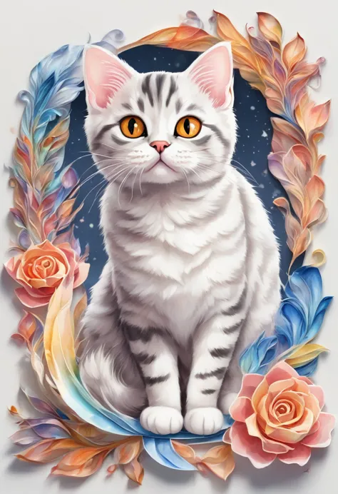 a Kurilian Bobtail cat, 3D watercolor style painting, American Shorthair cat, full picture, High contrast high resolution (photo...