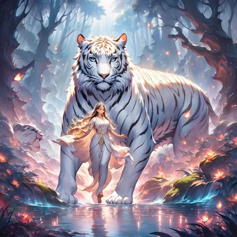 beautiful detailed hindu goddess durga, riding a fierce white tiger, vibrant and realistic colors, surreal landscape, ethereal a...