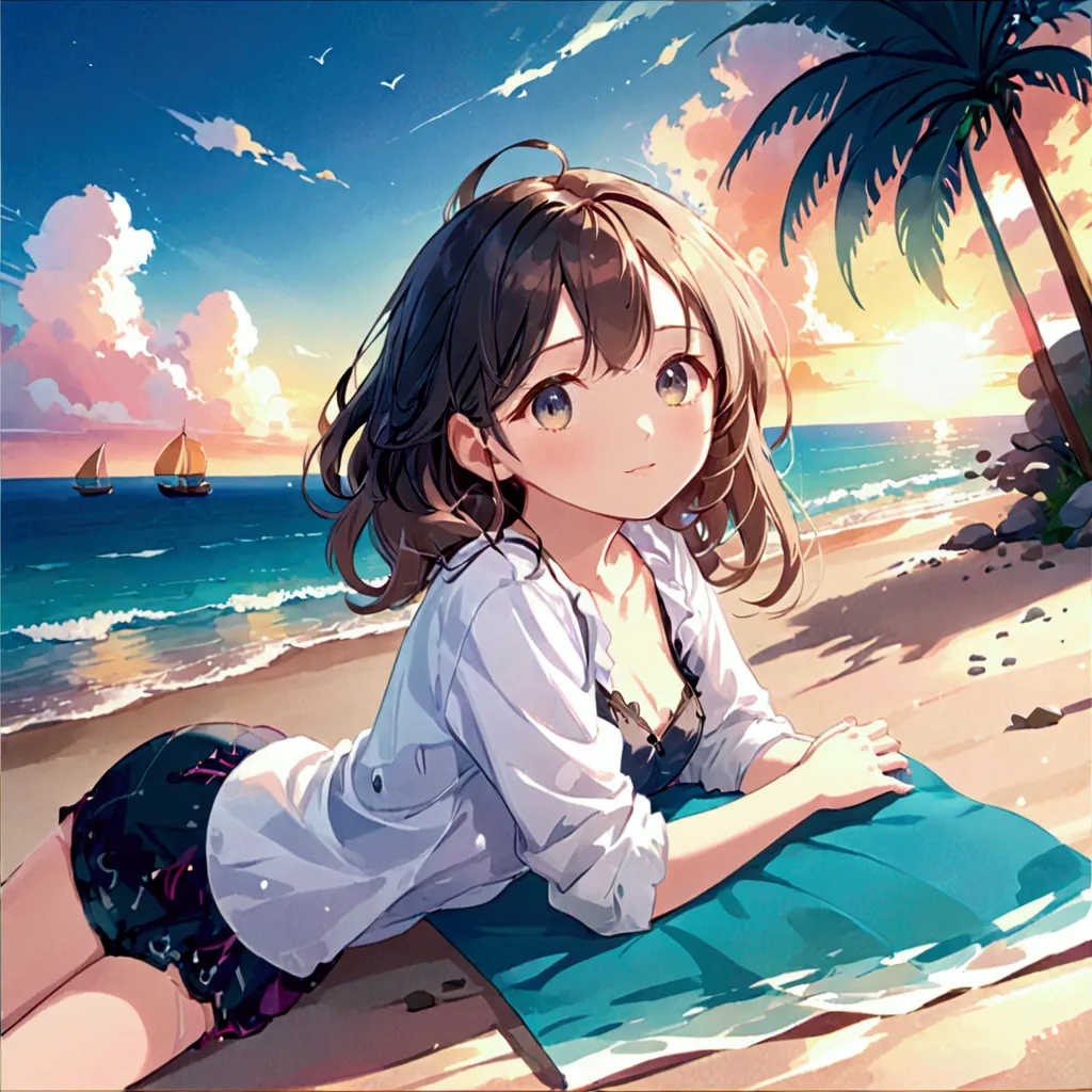 blue sky，Baiyun，Ocean，Sunset,Girl,An illustration,Lying down, front view,anime