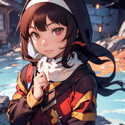 (((megumin dressed as a nun))), ((brown hair)), ((red eyes)), medieval, fantasy, magic, dungeons and dragons, ember particles, p...