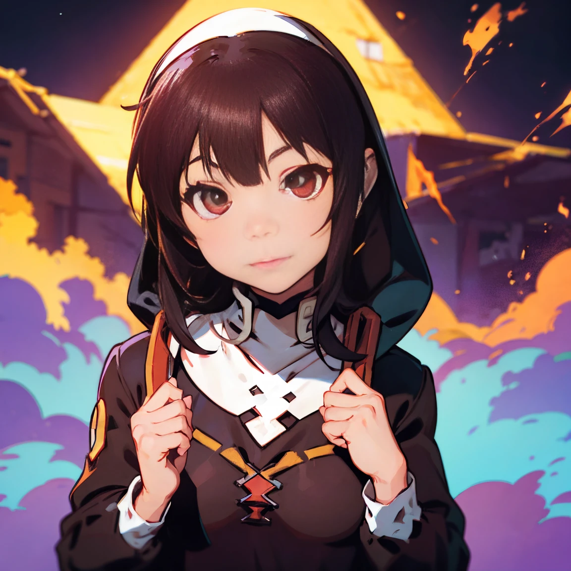 (((megumin dressed as a nun))), ((brown hair)), ((red eyes)), medieval, fantasy, magic, dungeons and dragons, ember particles, particles, flares, sharpened, chromatic aberration, masterpiece:6, best quality:5, realistic hands, (((split complementary palette))), bokeh, light, rim lighting:1, post processing, dslr, wide angle shot, in the style of Ilya Kuvshinov