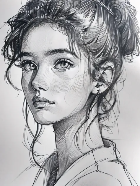 Girl staring at the viewer, early teens, bust shot, rough ballpoint pen sketch drawn in hatching technique, centering, (white ba...