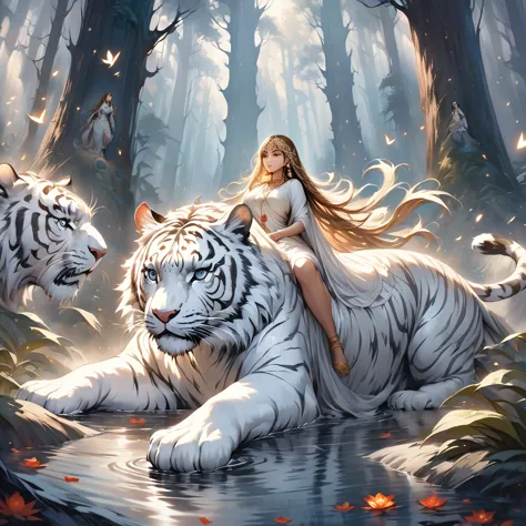 beautiful detailed hindu goddess durga, riding a fierce white tiger, vibrant and realistic colors, surreal landscape, ethereal a...