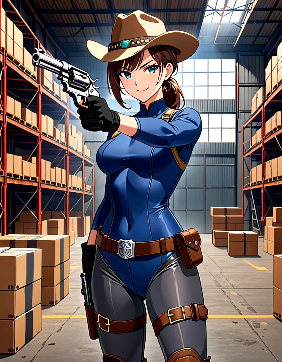 masterpiece, best quality, 1lady, solo, solo focus, (tall body), hispanic, brown hair, short hair, ponytail, blue-green eyes, medium breasts, beautiful detailed eyes, beautiful detailed face, smirk, ((brown cowboy hat)), (bodysuit, (solid blue bodysuit, leotard, dark blue leotard, skin-tight dark grey leggings), perfect fit), long sleeves, (gloves, dark blue gloves, matching gloves, boots, combat boots, dark blue boots, matching boots), drop-down pistol holster, knee pads)), ((pointing pistol at the viewer, revolver)), full body, cowboy shot, empty warehouse, danger atmosphere.