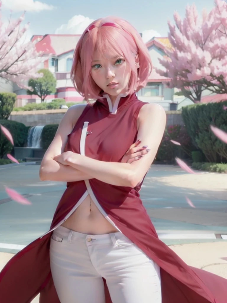 a close up of a person with long hair and a hoodie, sakura haruno, sakura haruno from naruto, from naruto, as an anime character, perfect Cherprang face, she has pink hair with bangs, female anime character, anime character, anime best girl, hime cut hairstyle, pink hair, (red glossy lips:1.3), light green eyes, big breasts, realistic, ultra detail, indoor background