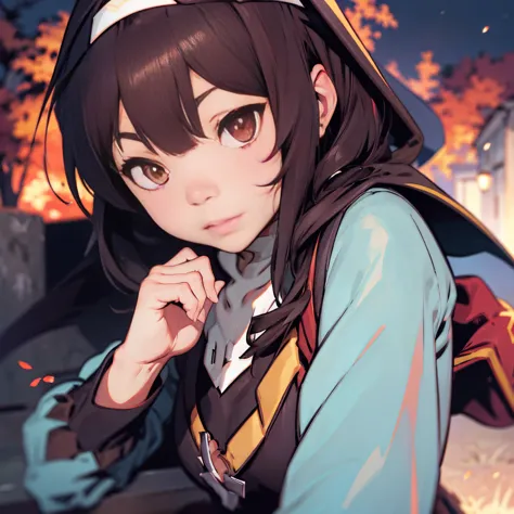 (((megumin dressed as a nun))), ((brown hair)), ((red eyes)), medieval, fantasy, magic, dungeons and dragons, ember particles, p...