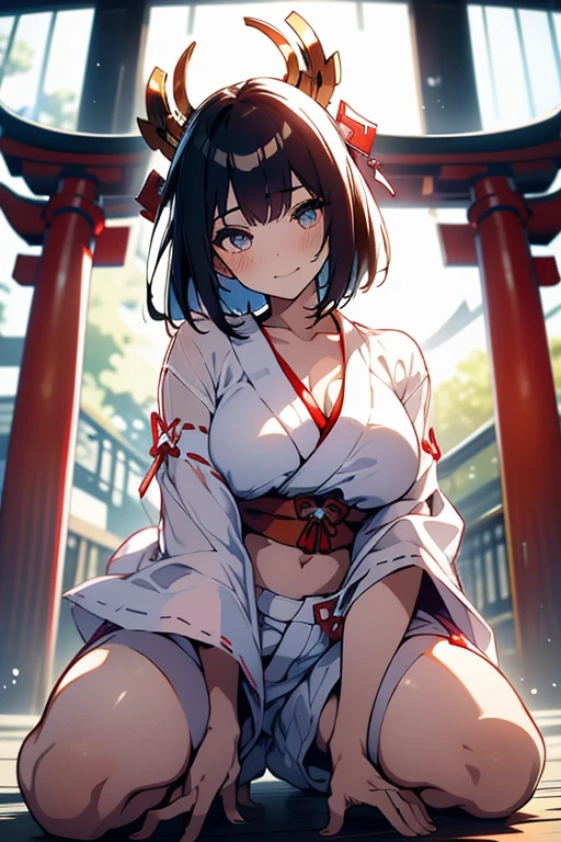 1girl,solo,closeup upperbody,faint smile,evil smile,white (yukata,miko:1.3),Japanese style,head decoration,Cleavage,under wear,Navel,Collarbone,Kneeling,See-through,(shorts:1.3),Thick thighs,from below