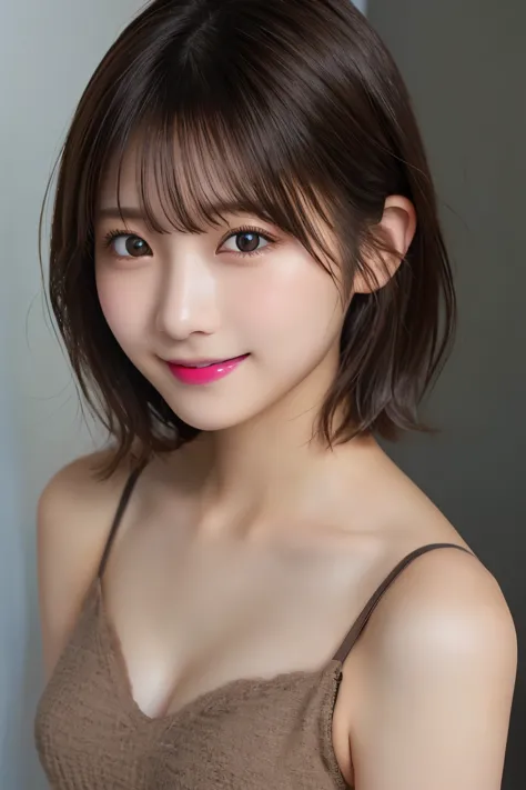 Highest quality(beautiful)、Brown eyes、22-year-old female、smile、Gal、Semi-short hair、camisole、Natural Lip、Soft Breasts、Shoot from ...