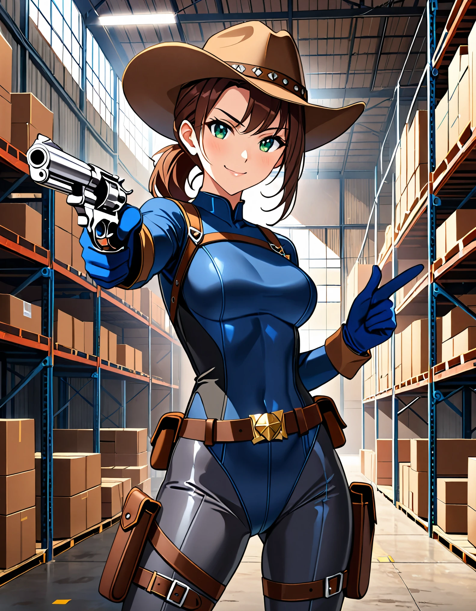 masterpiece, best quality, 1lady, solo, solo focus, (tall body), hispanic, brown hair, short hair, ponytail, blue-green eyes, medium breasts, beautiful detailed eyes, beautiful detailed face, smirk, ((brown cowboy hat)), (bodysuit, (solid blue bodysuit, leotard, dark blue leotard, skin-tight dark grey leggings), perfect fit), long sleeves, (gloves, dark blue gloves, matching gloves, boots, combat boots, dark blue boots, matching boots), drop-down pistol holster, knee pads)), ((pointing pistol at the viewer, revolver)), full body, cowboy shot, empty warehouse, danger atmosphere.