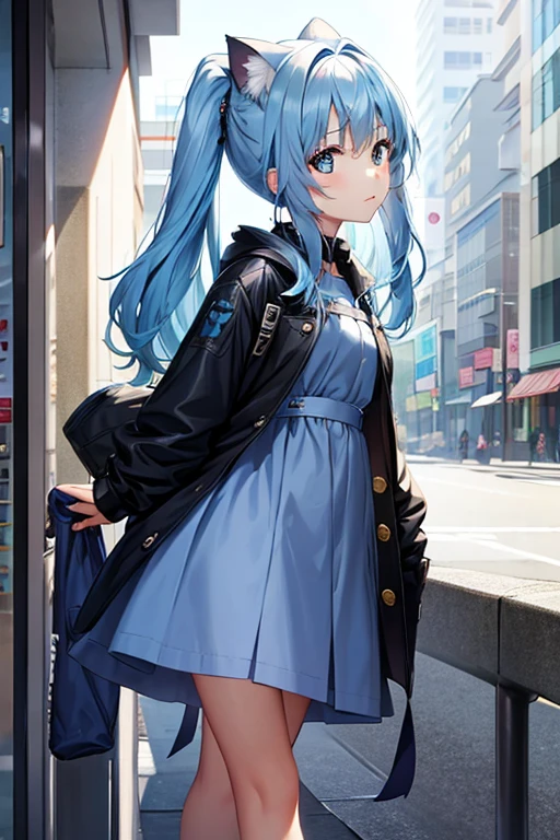 Ein Mädchen, das in der nahen Zukunft lebt,She haS light blue hair,Her hair iS like a cat&#39;S,Wearing headphoneS,With blue eyeS,Wearing an overSized white coat,Wearing a black mini dreSS,ThighS,Black SockS of different lengthS,Platform bootS,She wieldS a giant Sword,Cyber-Welt,Formel,Sie könnte ein Android sein,I&#39;m Sitting in a building and looking,A little Sad look,Einen blauen Würfel tragen,She iS Strong and kind,high reSolution,gute Qualität,