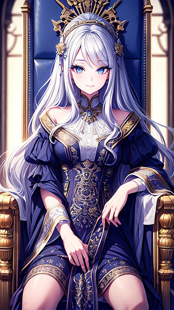 ((best quality)), ((masterpiece)), (detailed), une fille, visage parfait, Longhaire, ((golden hair)), curly hair, decorated cheveux, ultramarine blue eyes,  ((((Diva del cielo, La más alta calidad, ultra alta resolución)))), 1girl, majestic, sitting, (long silver hair), (pale complexion), ((azure eyes:1.2)), ((glowing_eyes:0.8)), (((ultra detailed face:0.9, beautiful and detailed eyes:1)), ((regal:0.9), (graceful:1.1))), (royal attire), (((seated on throne:1))), right hand on hip, ((expressive face:1)), beautiful lighting, indoor, throne room, ((defined subject:1)), 2, ((serene smile)), ((heroic)), ((high contrast))