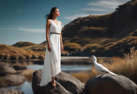 colours chromatic A serene scene captured in this image showcases a woman in a flowing white dress standing gracefully on a rock...