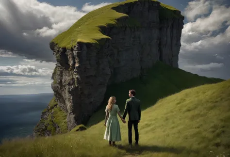 a woman and a man standing hold hands at the edge of a cliff with green grass, ciel rosée dramatique par Seb McKinnon