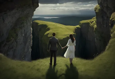 a woman and a man standing hold hands at the edge of a cliff with green grass, ciel rosée dramatique par Seb McKinnon