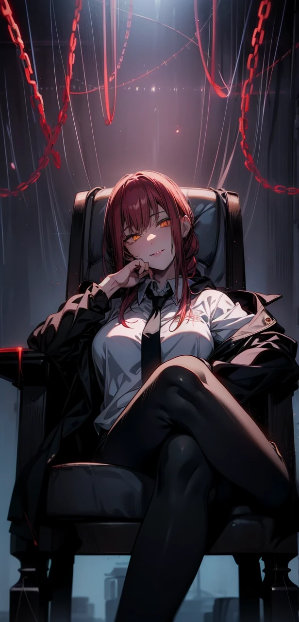 Makima, ringed eyes, light-red hair, braided ponytail, bangs, glowing yellow eyes, sidelocks, long hair, white polo uniform, 1girl, black leggings, sitting on the chair, elegant black chair, solo, bangs, red glowing chains in the background, looking_at_viewer, shadow, smirking, legs crossed, (shaded face:1.2), hollow eyes, ringed eyes, yellow eyes, looking at viewer, heavy breathing, seductive smile, lips, hood, "glow effects, godrays, Hand drawn, render, 8k, octane render, cinema 4d, blender, dark, atmospheric 4k ultra detailed, cinematic, Sharp focus, big depth of field, Masterpiece, colors, 3d octane render, 4k, concept art, trending on artstation, hyperrealistic, Vivid colors, extremely detailed CG unity 8k wallpaper, trending on CGSociety, Intricate, High Detail, dramatic"