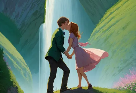 deux amants debout se tiennent la main au bord d'une falaise avec de l'herbe verte, ciel rosée dramatique par Seb McKinnon
