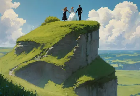 deux amants debout se tiennent la main au bord d'une falaise avec de l'herbe verte, ciel rosée dramatique par Seb McKinnon