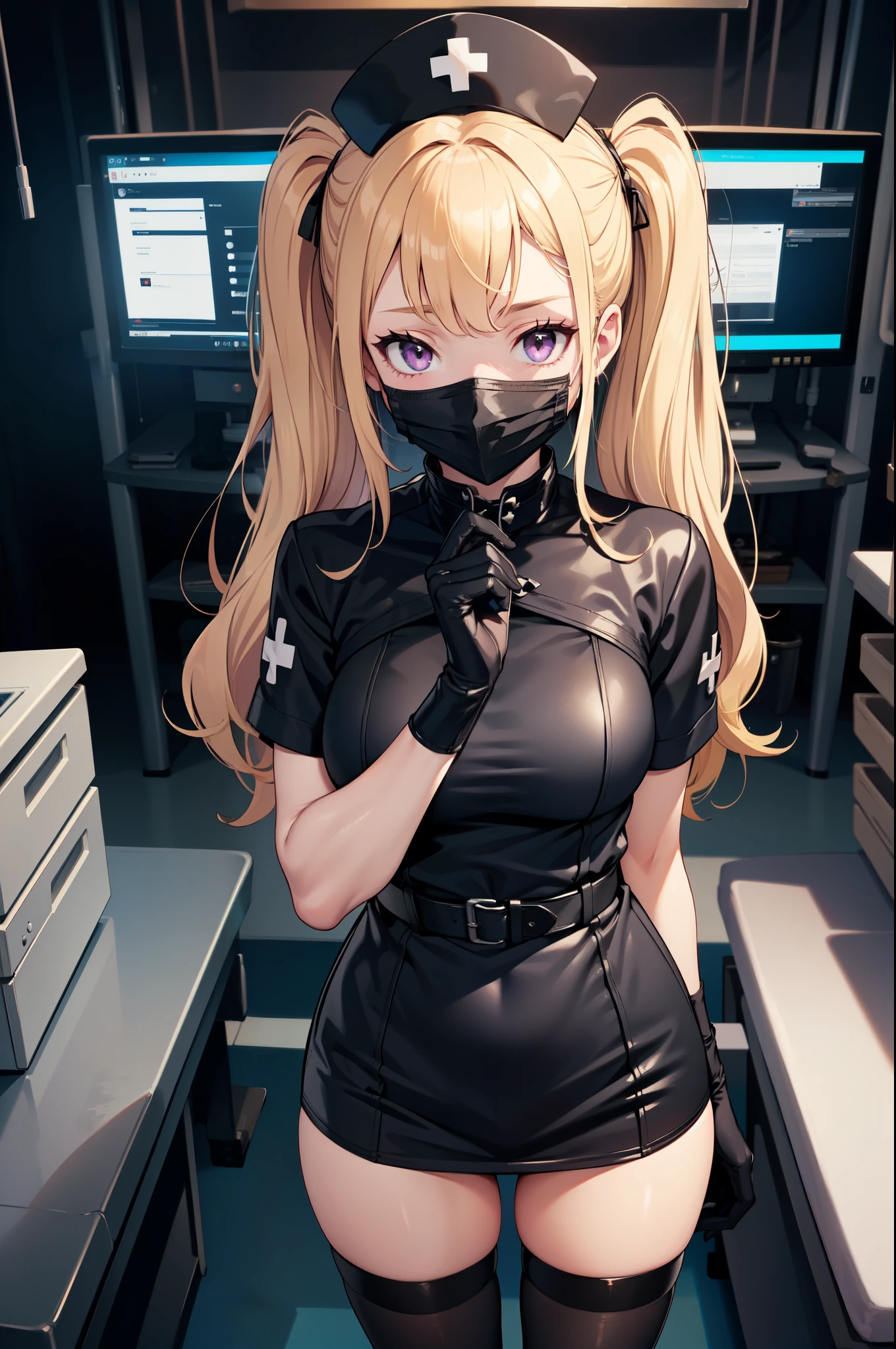 black nurse, 1girl, solo, black nurse cap, black nurse uniform, ((black legwear, zettai ryouiki)), black elbow gloves, twintails, yellow hair, purple eyes, ((black surgical mask, covered nose)), standing, ((surgery room)), sharp outline, short sleeves, best quality, masterpiece