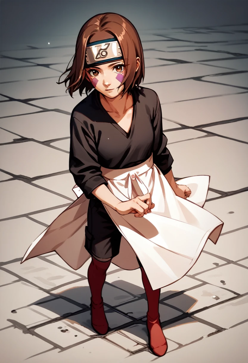 score_9, score_8_up, score_7_up, source_anime, 1girl, nohara rin, short hair, brown hair, brown eyes, purple facial mark, black shirt, long sleeves, white apron, black shorts, forehead protector, red thighhighs, full body, idle, hand down