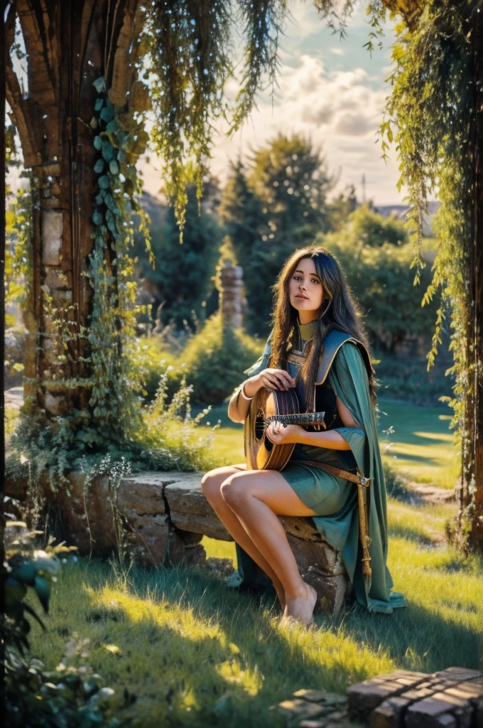 A serene, cinematic photo capturing Deedlit from Record of Lodoss War, sitting gracefully on an ancient stone bench. She is playing her lute guitar, with her long hair and cloak gently fluttering in the soft breeze. The dappled sunlight filters through the leaves, casting a warm glow over the scene. The nature around her has claimed the cracked stone road, while the ruins of a stone house stand majestically in the background. The atmosphere is one of peace and tranquility, with the music she plays blending harmoniously with the surroundings., photo, cinematic