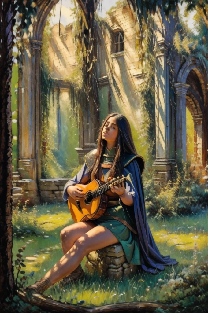 A serene, cinematic photo capturing Deedlit from Record of Lodoss War, sitting gracefully on an ancient stone bench. She is playing her lute guitar, with her long hair and cloak gently fluttering in the soft breeze. The dappled sunlight filters through the leaves, casting a warm glow over the scene. The nature around her has claimed the cracked stone road, while the ruins of a stone house stand majestically in the background. The atmosphere is one of peace and tranquility, with the music she plays blending harmoniously with the surroundings., photo, cinematic