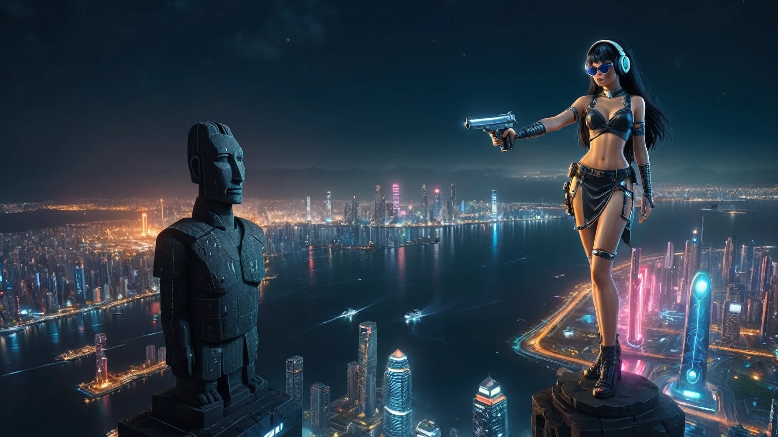 At night, dark sky, distant shot aerial view of fantasy cyberpunk style ((Moai-statue)) city, ((flying vehicle)). ((1girl, solo, alone)), medium-breast:1.1 slim body, cleavage, sexy clothes, (headphone, black sunglasses, long black realistic hair), (((hip-up standing and holding pistol))), half-body thigh level medium shot, cinematic lighting.