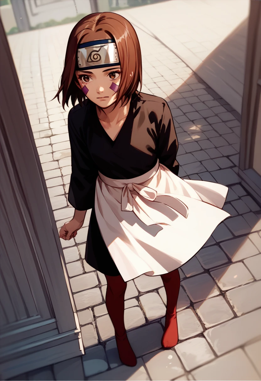 score_9, score_8_up, score_7_up, source_anime, 1girl, nohara rin, short hair, brown hair, brown eyes, purple facial mark, black shirt, long sleeves, white apron, black shorts, forehead protector, red thighhighs, full body, idle, hand down