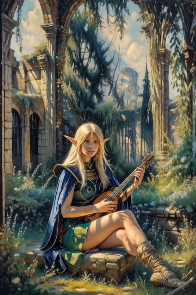 A serene, cinematic photo capturing the blond elf Deedlit from Record of Lodoss War, sitting gracefully on an ancient stone bench. She is playing her lute guitar, with her long hair and cloak gently fluttering in the soft breeze. The dappled sunlight filters through the leaves, casting a warm glow over the scene. The nature around her has claimed the cracked stone road, while the ruins of a stone house stand majestically in the background. The atmosphere is one of peace and tranquility, with the music she plays blending harmoniously with the surroundings., photo, cinematic