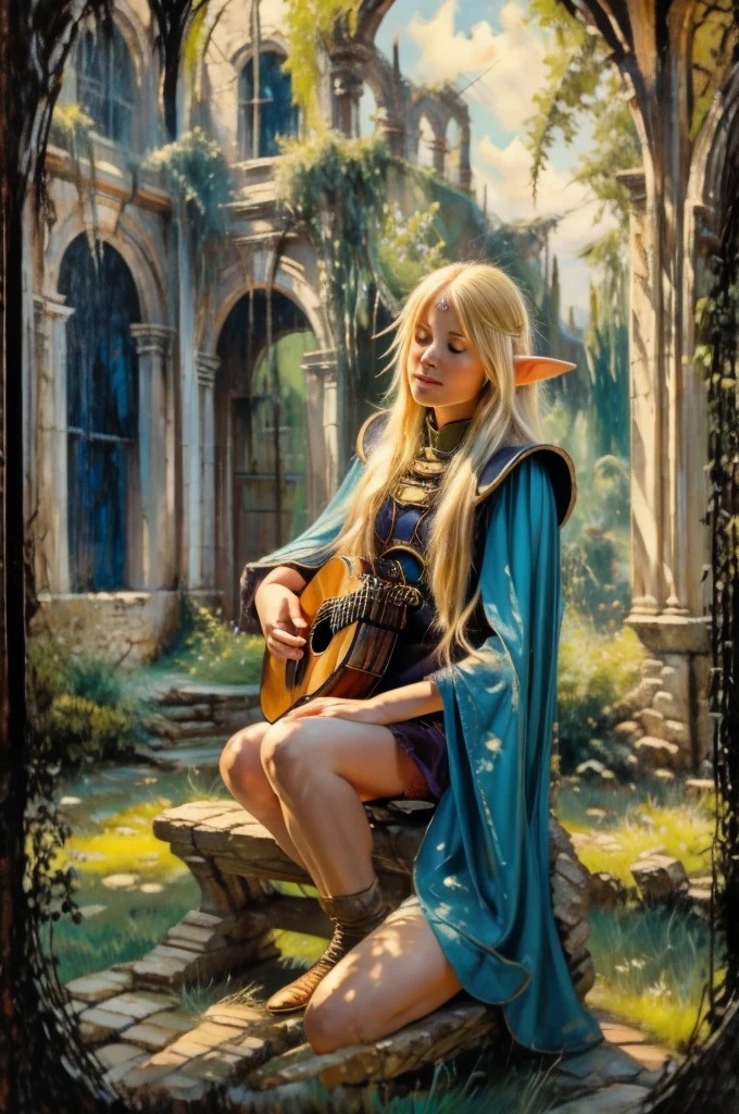 A serene, cinematic photo capturing the blond elf Deedlit from Record of Lodoss War, sitting gracefully on an ancient stone bench. She is playing her lute guitar, with her long hair and cloak gently fluttering in the soft breeze. The dappled sunlight filters through the leaves, casting a warm glow over the scene. The nature around her has claimed the cracked stone road, while the ruins of a stone house stand majestically in the background. The atmosphere is one of peace and tranquility, with the music she plays blending harmoniously with the surroundings., photo, cinematic