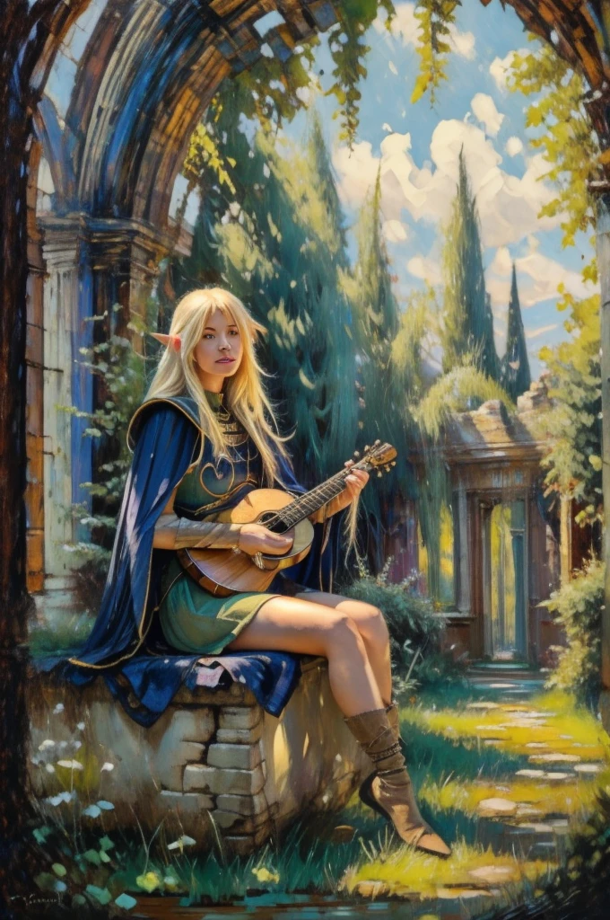 A serene, cinematic photo capturing the blond elf Deedlit from Record of Lodoss War, sitting gracefully on an ancient stone bench. She is playing her lute guitar, with her long hair and cloak gently fluttering in the soft breeze. The dappled sunlight filters through the leaves, casting a warm glow over the scene. The nature around her has claimed the cracked stone road, while the ruins of a stone house stand majestically in the background. The atmosphere is one of peace and tranquility, with the music she plays blending harmoniously with the surroundings. 4k. photorealistic. masterpiece