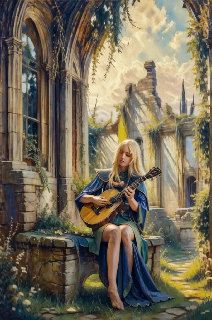 A serene, cinematic photo capturing the blond elf Deedlit from Record of Lodoss War, sitting gracefully on an ancient stone bench. She is playing her lute guitar, with her long hair and cloak gently fluttering in the soft breeze. The dappled sunlight filters through the leaves, casting a warm glow over the scene. The nature around her has claimed the cracked stone road, while the ruins of a stone house stand majestically in the background. The atmosphere is one of peace and tranquility, with the music she plays blending harmoniously with the surroundings. 4k. photorealistic. masterpiece