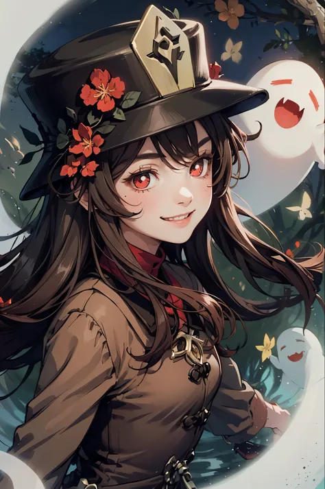 1 girl solo, brown jacket, long brown hair, red eyes, brown hat with red flowers, white ghost smiling, outside in a swampy fores...