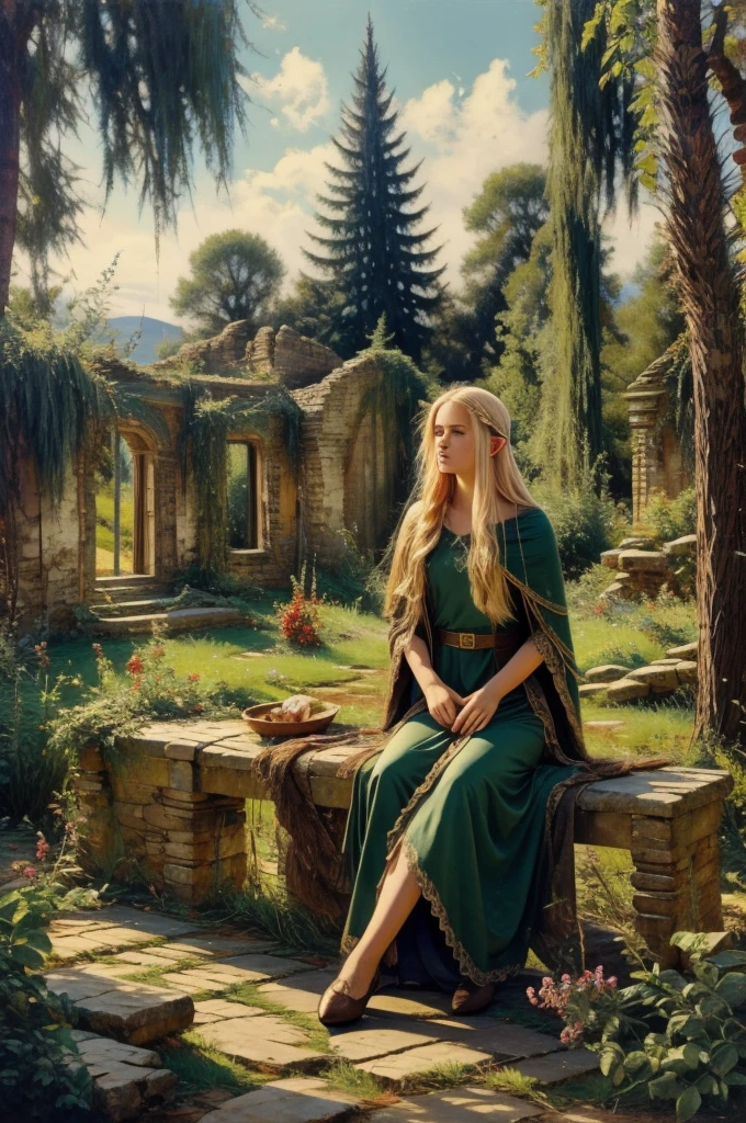 A serene, cinematic photo capturing the blond elf Deedlit from Record of Lodoss War, sitting gracefully on an ancient stone bench. She is playing her lute, with her long hair and cloak gently fluttering in the soft breeze. The dappled sunlight filters through the leaves, casting a warm glow over the scene. The nature around her has claimed the cracked stone road, while the ruins of a stone house stand majestically in the background. The atmosphere is one of peace and tranquility, with the music she plays blending harmoniously with the surroundings. 4k. photorealistic. masterpiece