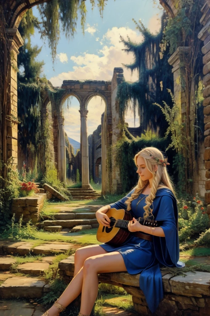 A serene, cinematic photo capturing the blond elf Deedlit from Record of Lodoss War, sitting gracefully on an ancient stone bench. She is playing her lute, with her long hair and cloak gently fluttering in the soft breeze. The dappled sunlight filters through the leaves, casting a warm glow over the scene. The nature around her has claimed the cracked stone road, while the ruins of a stone house stand majestically in the background. The atmosphere is one of peace and tranquility, with the music she plays blending harmoniously with the surroundings. 4k. photorealistic. masterpiece