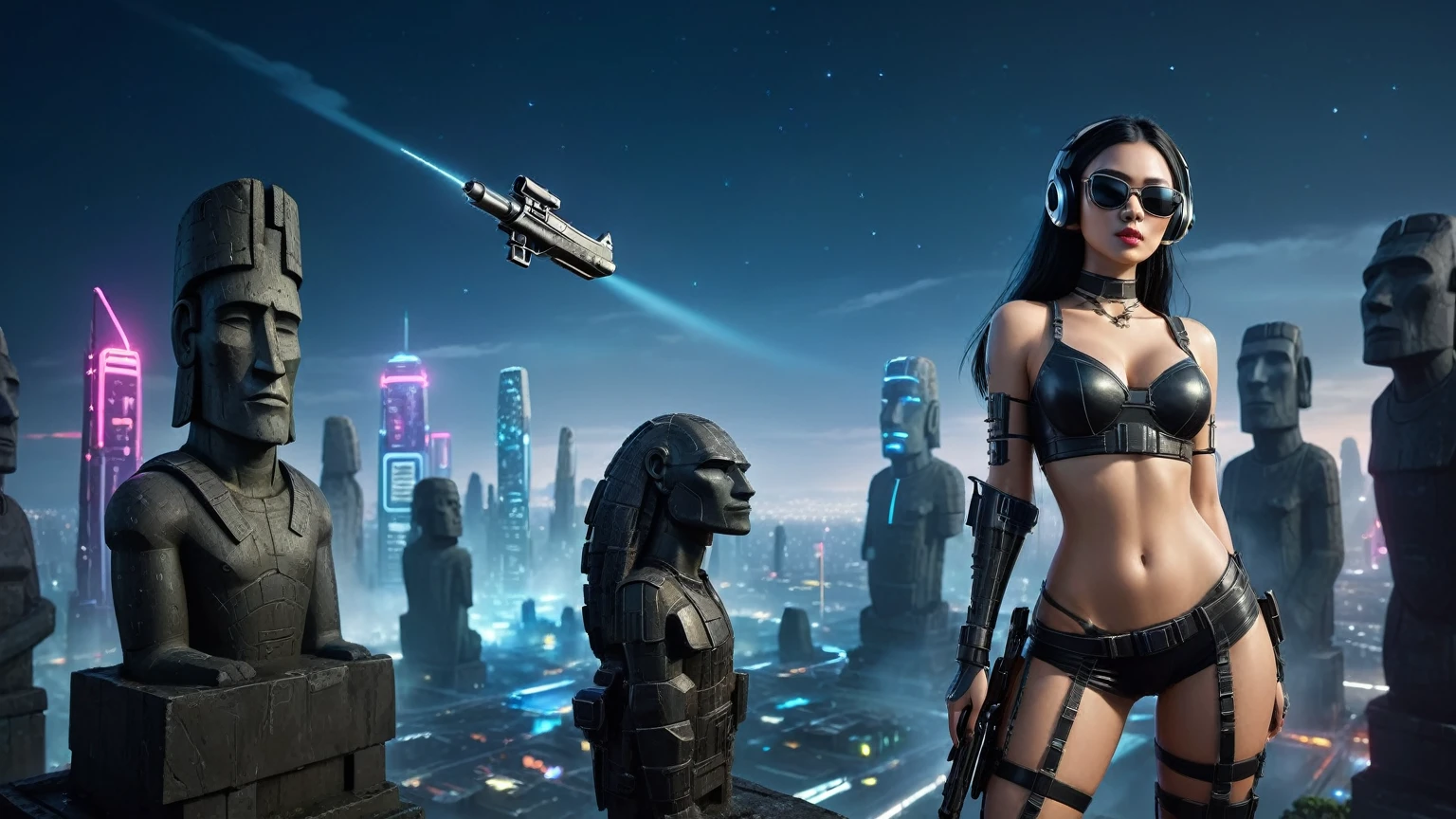 At night, dark sky, distant shot aerial view of fantasy cyberpunk style ((Moai-statue)) city, ((flying vehicle)). ((1girl, solo, alone)), medium-breast:1.1 slim body, cleavage, sexy clothes, (headphone, black sunglasses, long black realistic hair), (((hip-up standing and holding pistol))), half-body thigh level medium shot, cinematic lighting.