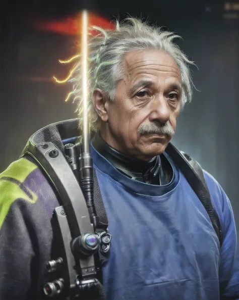 (Masterpiece, Best Quality), Albert Einstein (as a cyberpunk warrior), 1 man, epic (Photo, studio lighting, Hard light, Sony A7,...