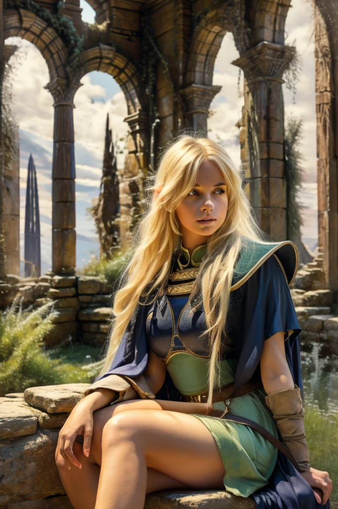 1girl, deedlit, blond elf, sitting gracefully on ancient stone bench, playing lute, long flowing hair, flowing cloak, soft breeze, detailed face, beautiful detailed eyes, beautiful detailed lips, extremely detailed face and features, hyperrealistic, photorealistic, 8k, cinematic lighting, dramatic atmosphere, fantasy landscape, ancient ruins, mossy stones, warm color palette