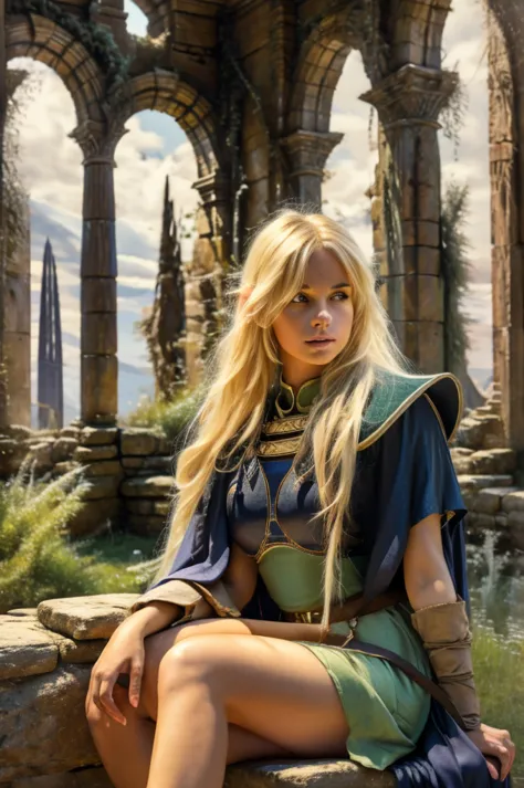 1girl, deedlit, blond elf, sitting gracefully on ancient stone bench, playing lute, long flowing hair, flowing cloak, soft breez...