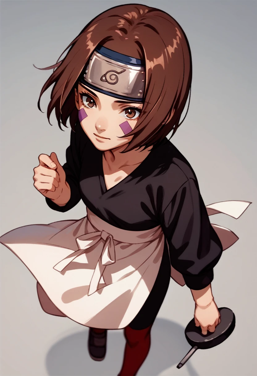 score_9, score_8_up, score_7_up, source_anime, 1girl, nohara rin, short hair, brown hair, brown eyes, purple facial mark, black shirt, long sleeves, white apron, black shorts, forehead protector, red thighhighs, full body, idle, hand down