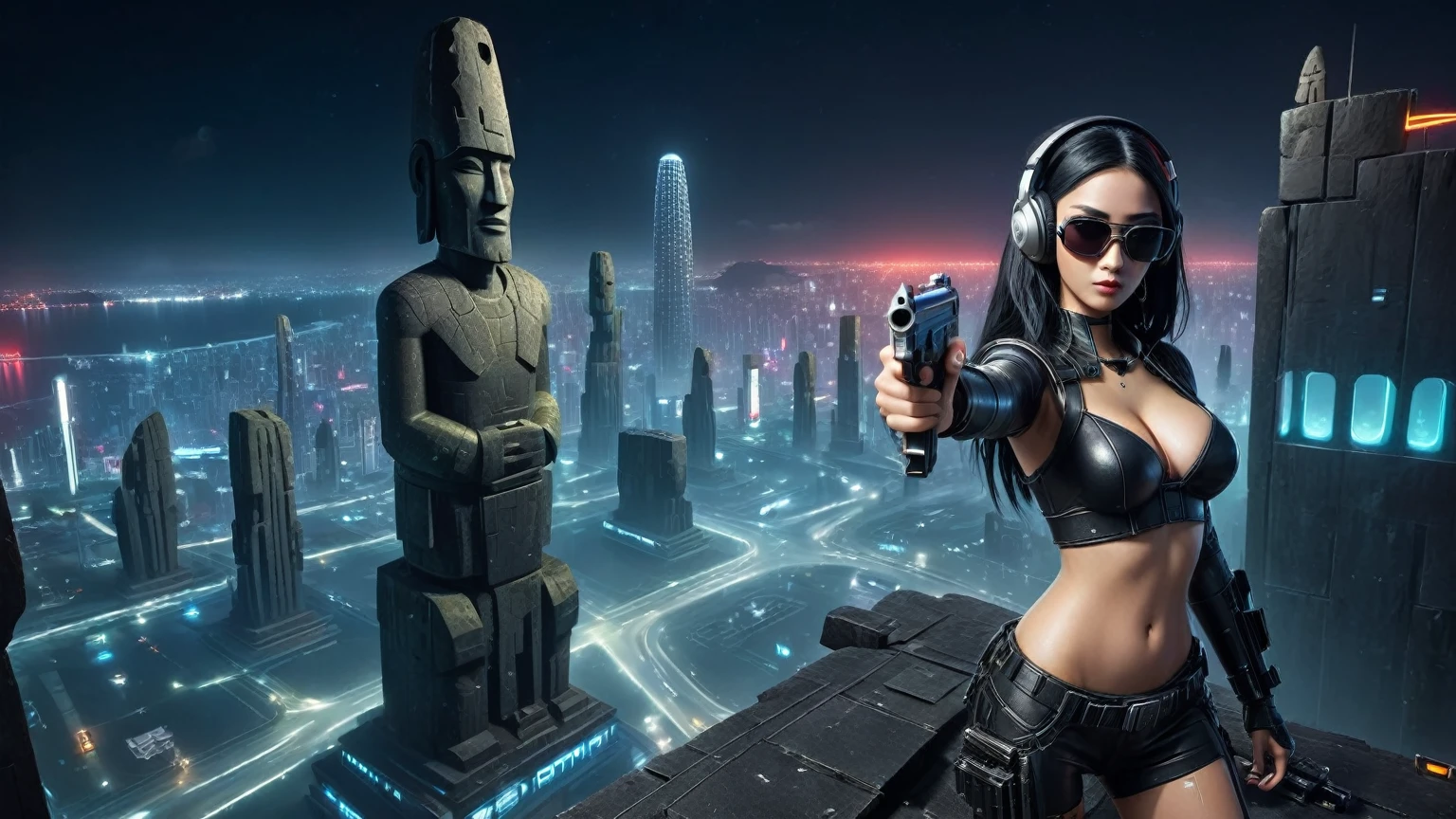 At night, dark sky, distant shot aerial view of fantasy cyberpunk style ((Moai-statue)) city, ((flying vehicle)). ((1girl, solo, alone)), medium-breast:1.1 slim body, cleavage, sexy clothes, (headphone, black sunglasses, long black realistic hair), (((hip-up standing and holding pistol))), half-body thigh level medium shot, cinematic lighting.