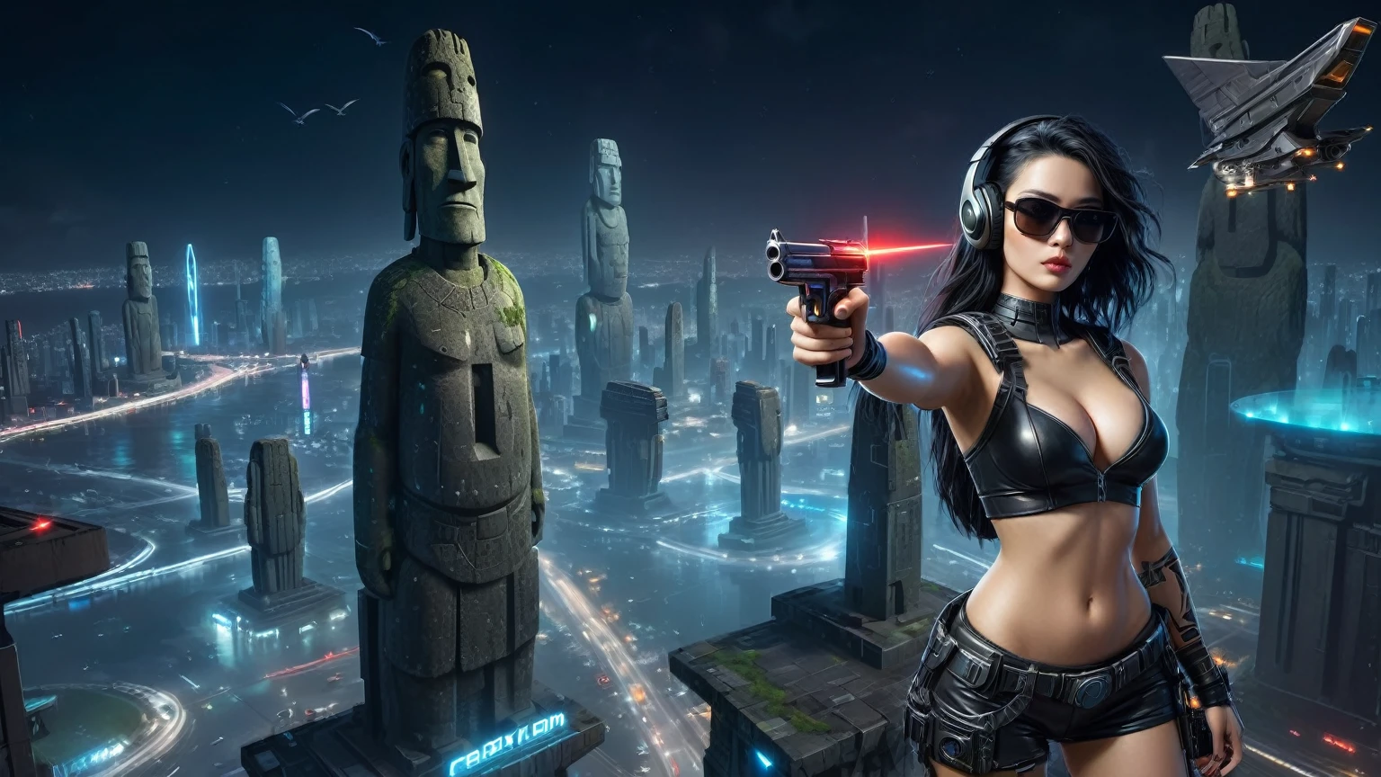 At night, dark sky, distant shot aerial view of fantasy cyberpunk style ((Moai-statue)) city, ((flying vehicle)). ((1girl, solo, alone)), medium-breast:1.1 slim body, cleavage, sexy clothes, (headphone, black sunglasses, long black realistic hair), (((hip-up standing and holding pistol))), half-body thigh level medium shot, cinematic lighting.