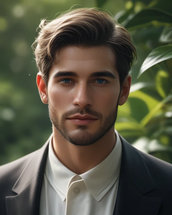 8k, handsome face, realistic, (natural lighting:studio lighting:0.5), sophisticated elegant mood, smudged, highly detailed, found footage, broad male shoulders, facial hair, cold, feel good, (best quality:1.5), portrait, wear white blouse, facial focus, Mischa_Janice, outdoors, blue sky, coconut,, (Artwork,best quality:1.5), zPDXL2