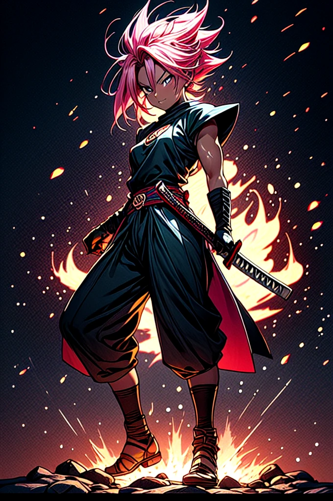 manga style, classical, art by akira toriyama, absurdres,1girl, gradient hair, pink hair, dark skinned,short Knight outfit,swinging a blazing fire katana,full body shot,detail medieval daungon backgroung 