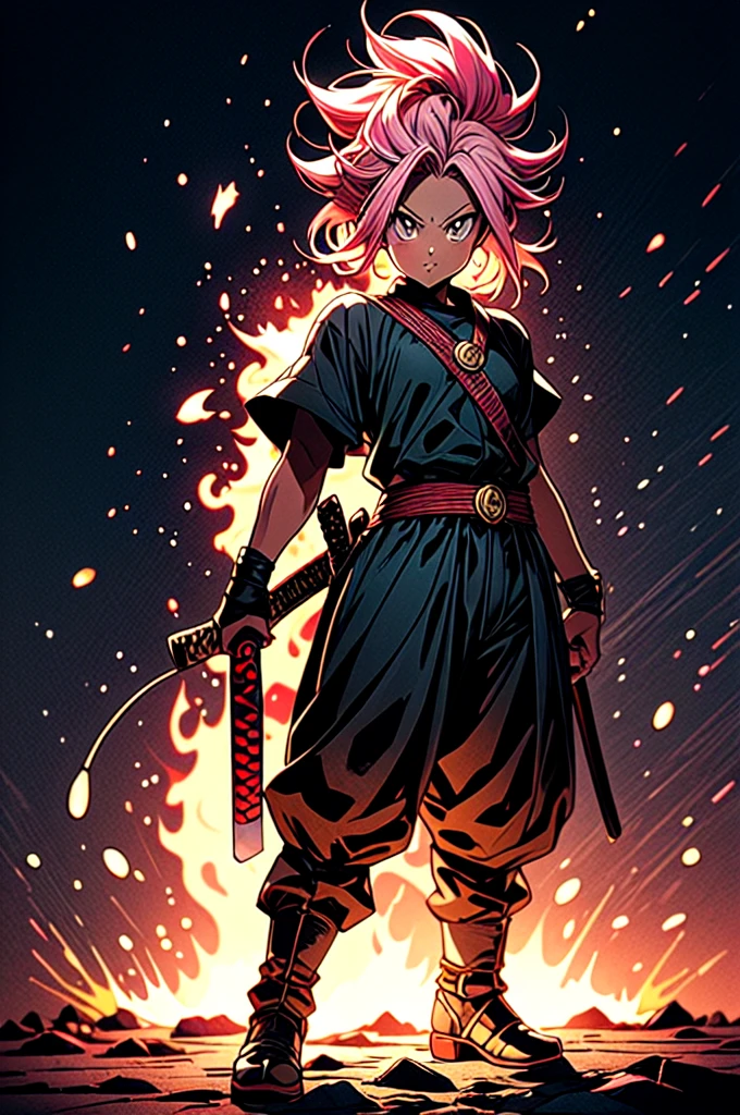 manga style, classical, art by akira toriyama, absurdres,1girl, gradient hair, pink hair, dark skinned,short Knight outfit,swinging a blazing fire katana,full body shot,detail medieval daungon backgroung 