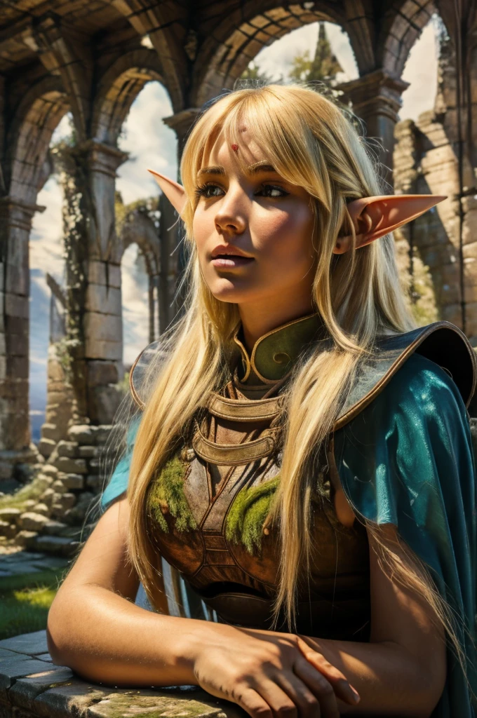 1girl, deedlit, blond elf, sitting gracefully on ancient stone bench, playing lute, long flowing hair, flowing cloak, soft breeze, detailed face, beautiful detailed eyes, beautiful detailed lips, extremely detailed face and features, hyperrealistic, photorealistic, 8k, cinematic lighting, dramatic atmosphere, fantasy landscape, ancient ruins, mossy stones, warm color palette